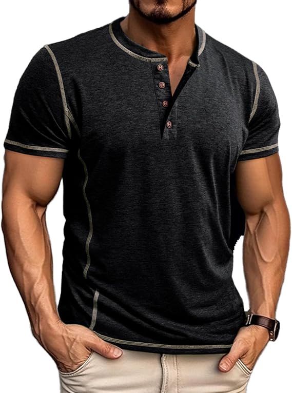 Mens Short Sleeve Shirts Casual Cotton Basic Henley Shirts Summer Lightweight T-Shirts